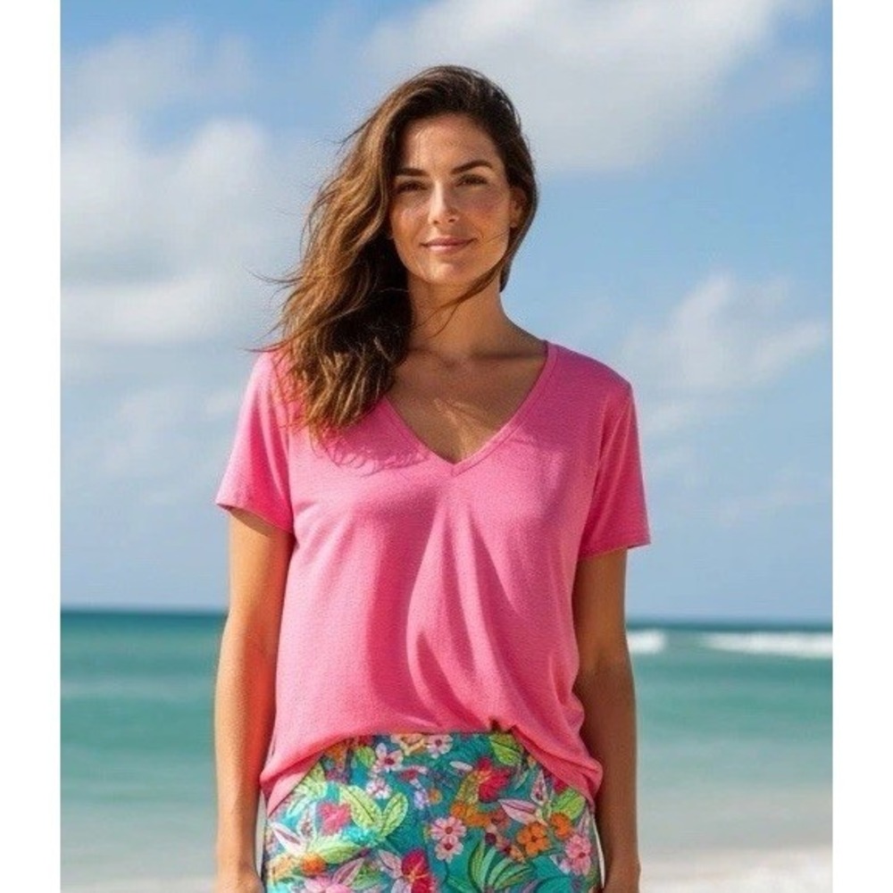 New Lilly Pulitzer Etta V Neck Tee Size X Small XS Pink Solid Shirt Blouse Top